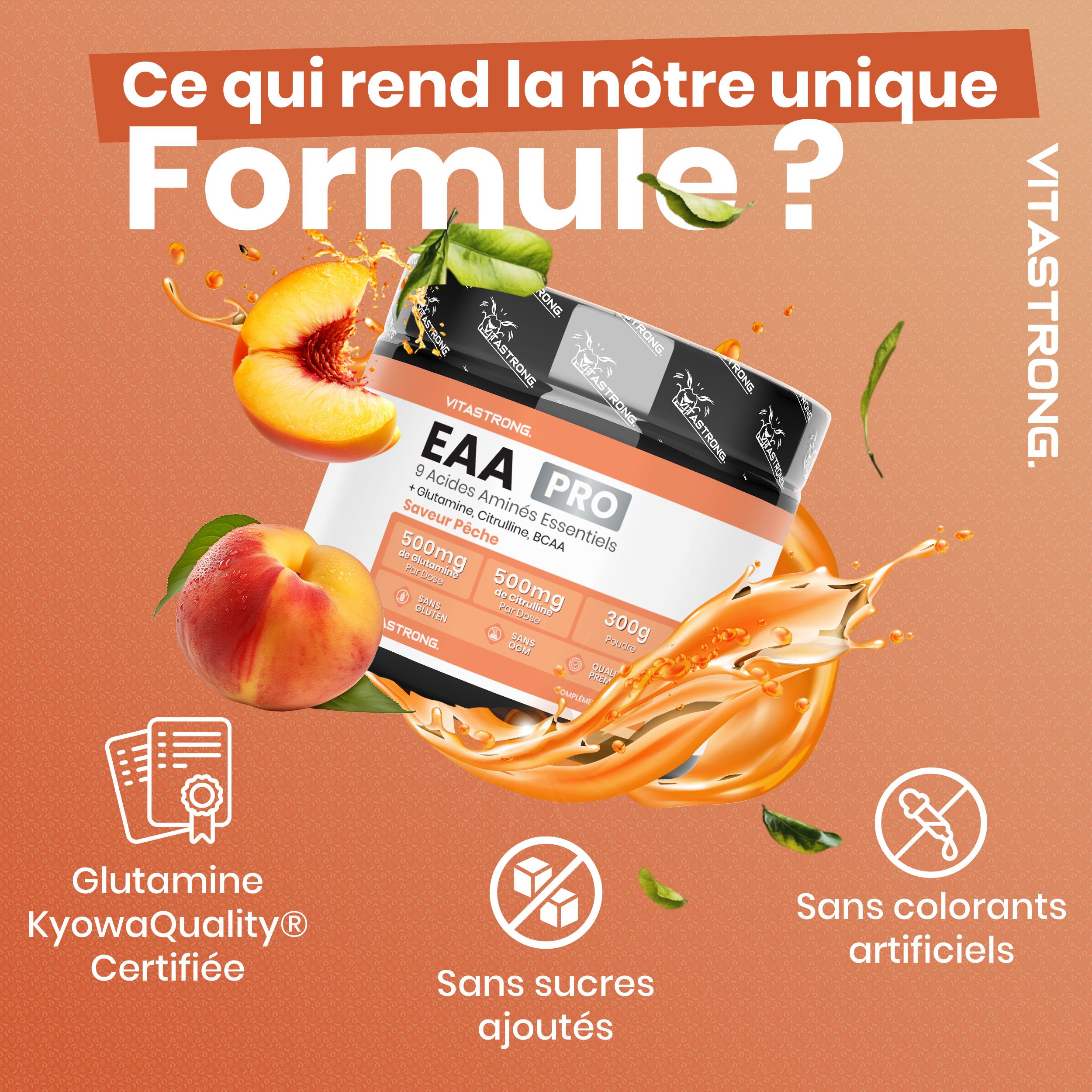 Pot Vitastrong EAA Pro, perziksmaak. 300g. 9 essentiële aminozuren. Perziken en koffiebonen. Tekst: EAA PRO.