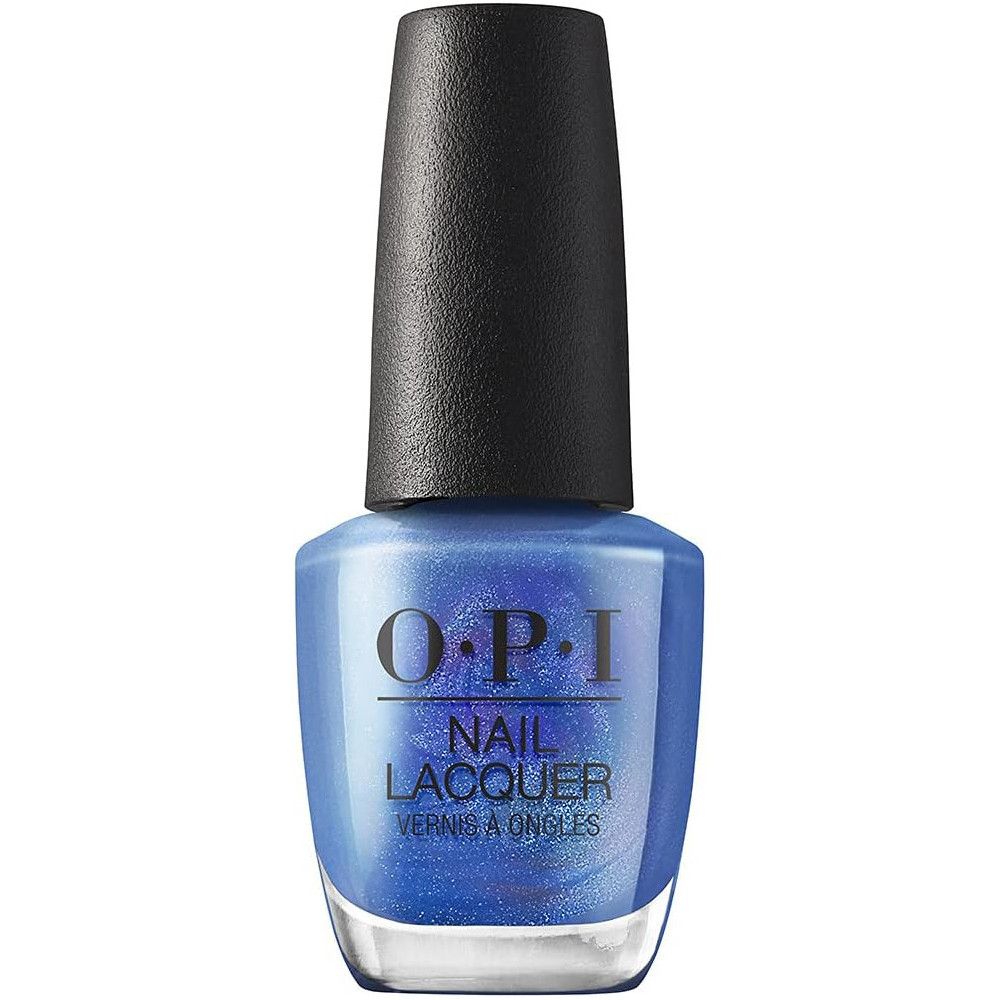 OPI nagellakfles. Blauwe kleur met zwarte dop. Opschrift: Nail Lacquer.