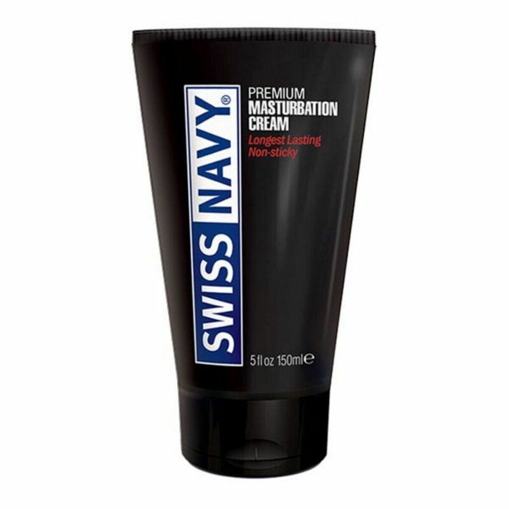 Tube noire avec logo "SWISS NAVY". Texte: "PREMIUM MASTURBATION CREAM". Volume: 150ml. Longue durée, non collant.