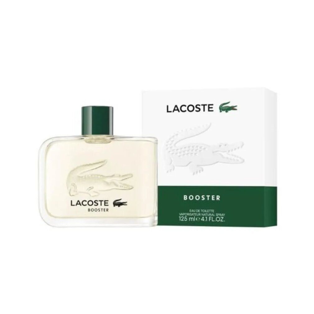 Doos van Lacoste Booster Eau de Toilette. Wit met krokodil reliëf en groene band. Bevat 125ml.