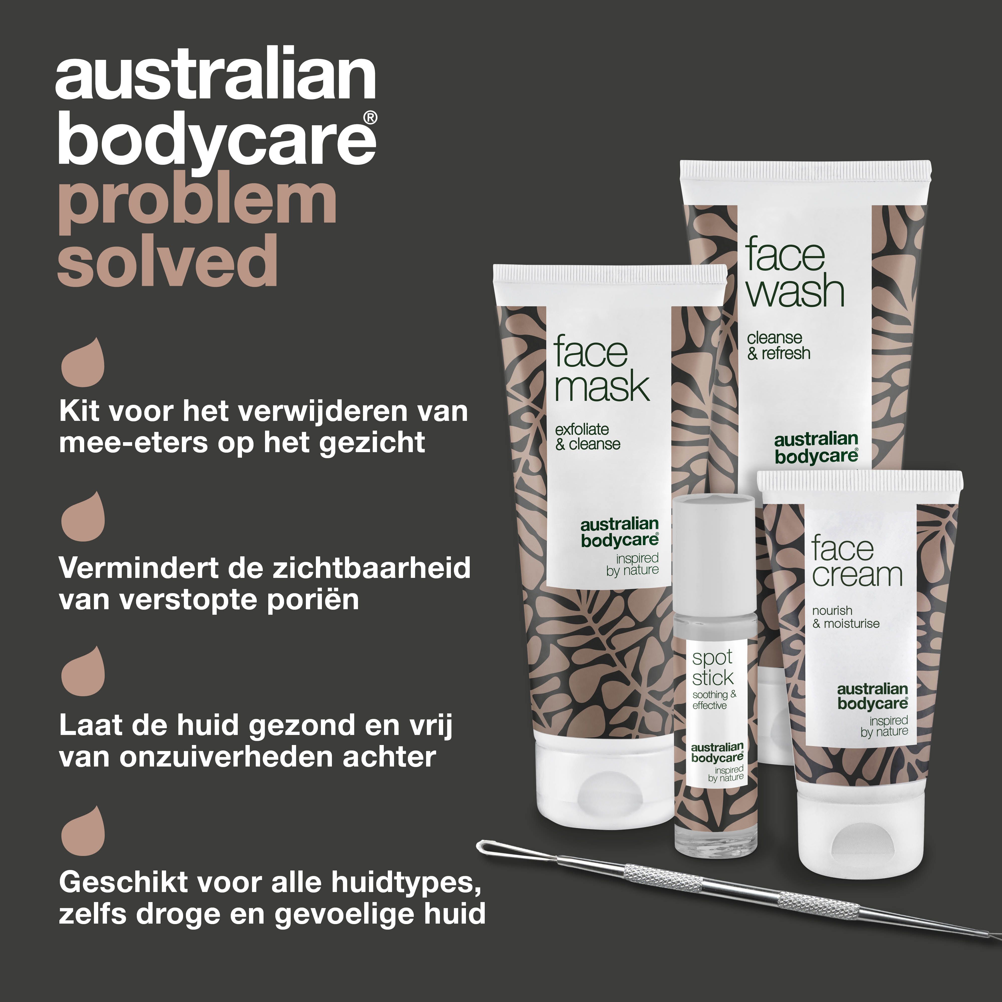 Probleem opgelost. Producten: reiniger, masker, crème, spot stick en tool. Tekst: Australian Bodycare.