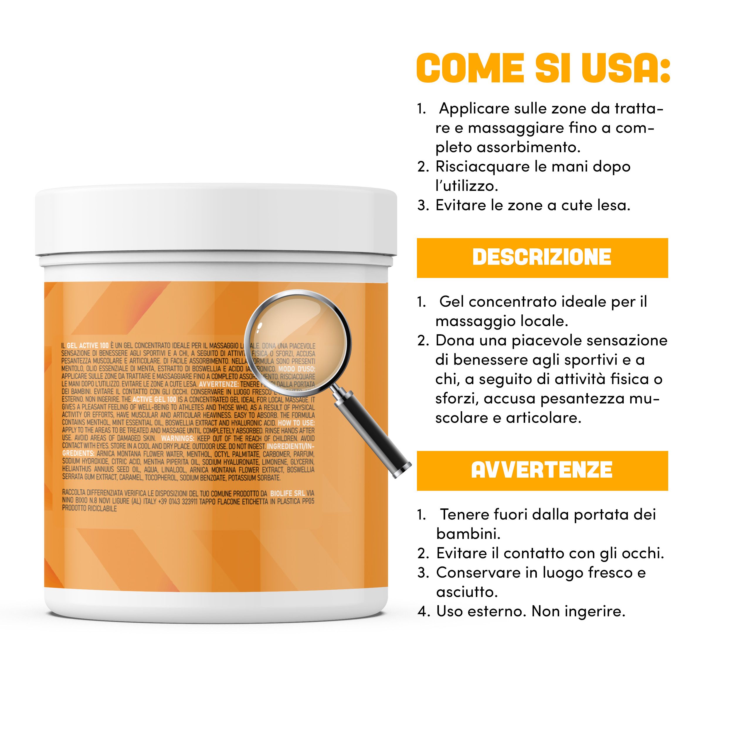 Pot "Arnica Active 100" met vergrootglas. Instructies: aanbrengen, masseren, afspoelen, ogen vermijden.