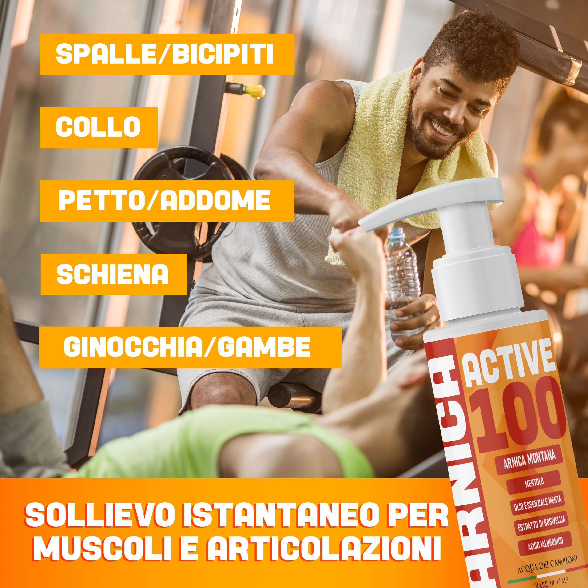 Gelfles met pomp. Opschrift ACTIVE 100, ARNICA. Tekst: SOLLIEVO ISTANTANEO PER MUSCOLI E ARTICOLAZIONI.