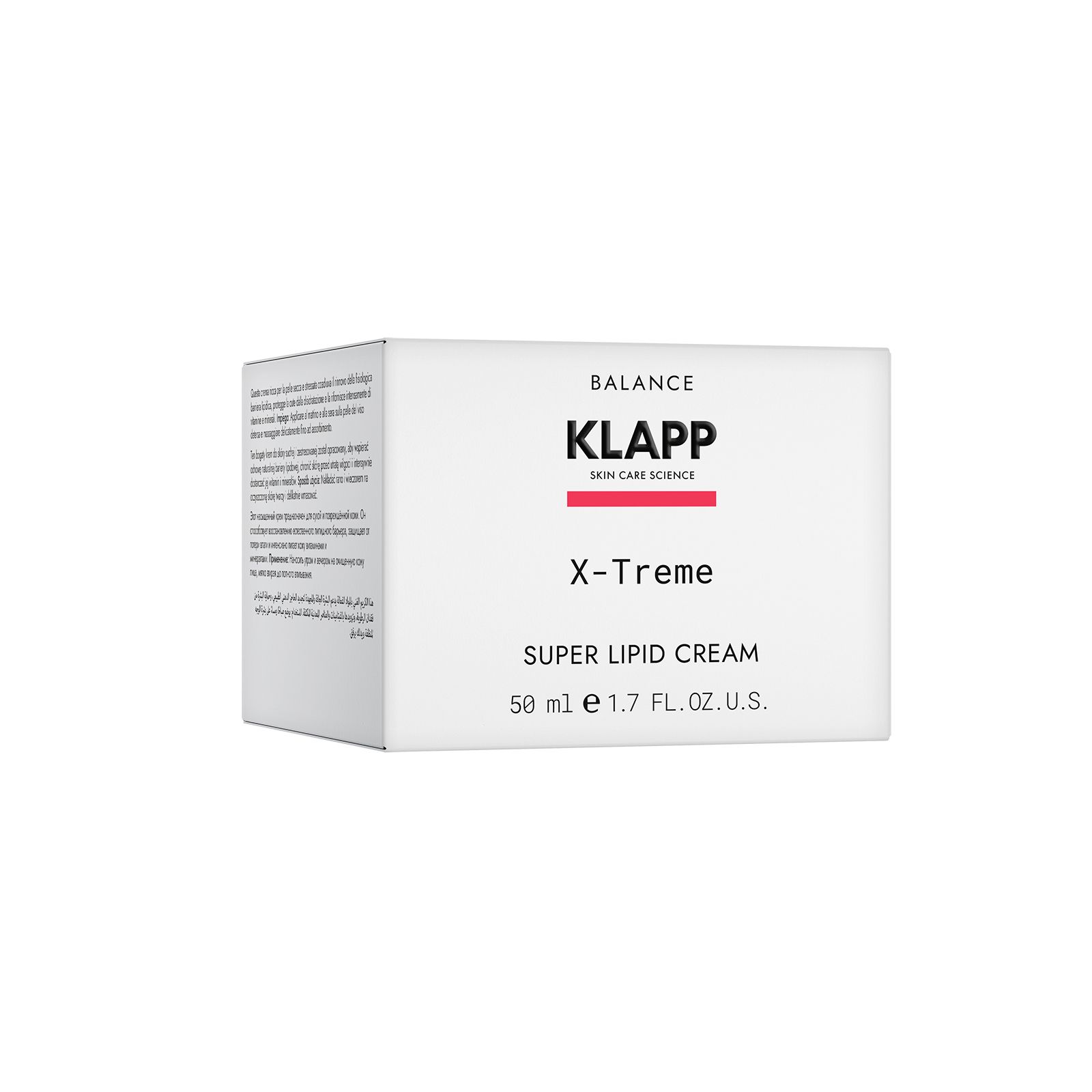Witte verpakking met rode streep en tekst. Bevat "KLAPP", "X-Treme Super Lipid Cream". Tekst in het Duits en Engels.