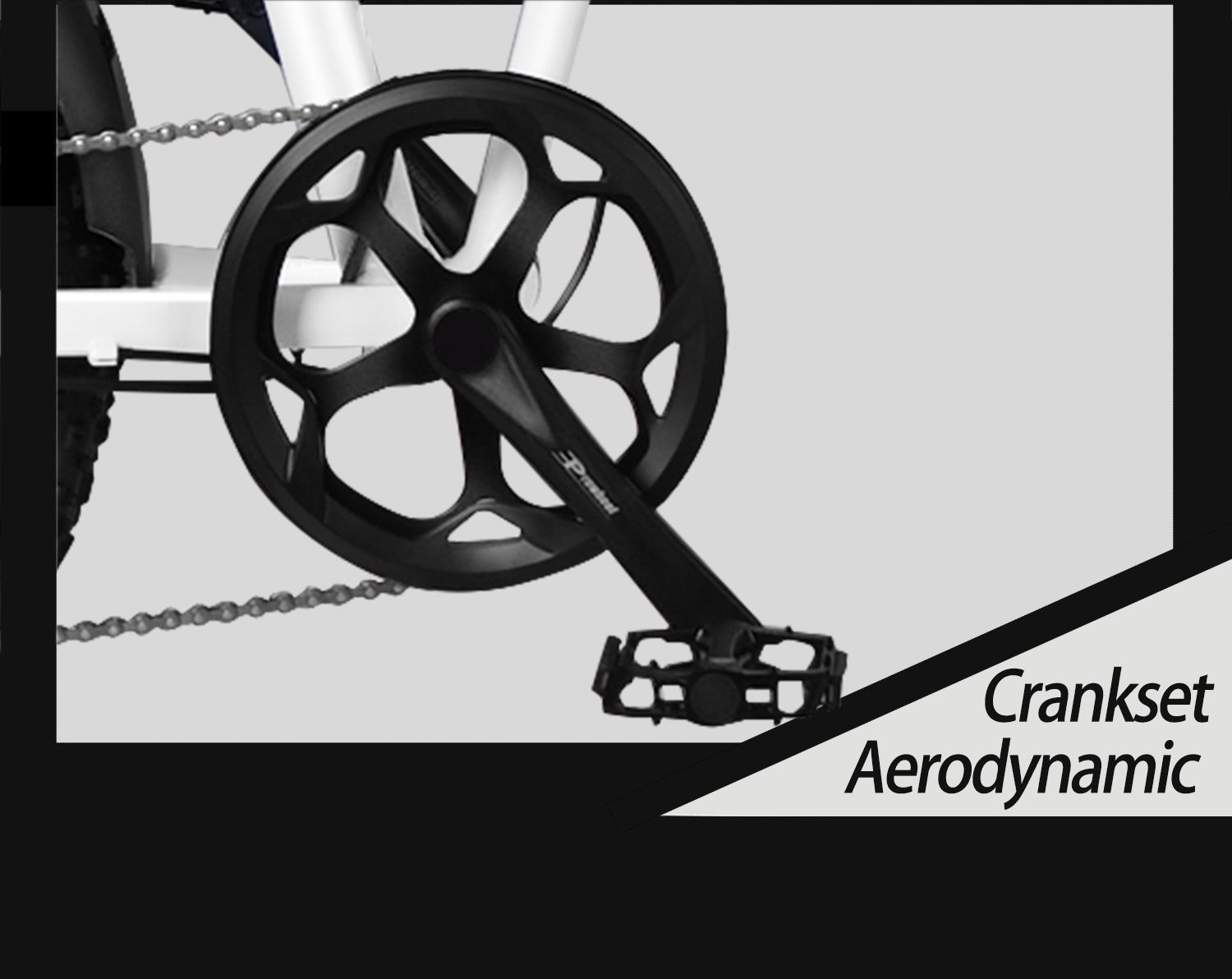 Pédalier de vélo noir. Design aérodynamique. Texte "Crankset Aerodynamic".