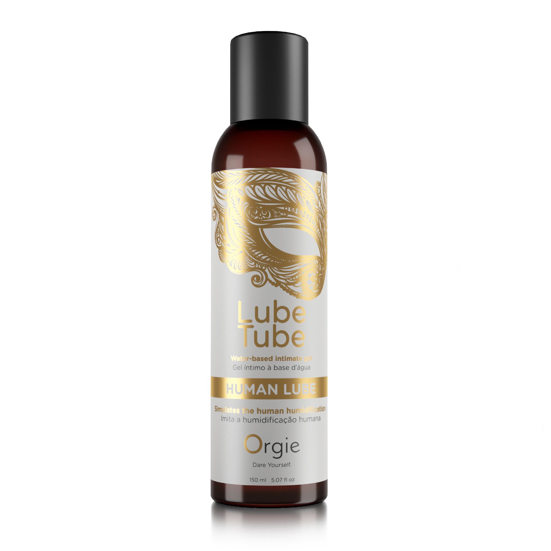 Orgie Human Lube, gel intime à base d'eau dans une bouteille brune avec un bouchon noir. Motifs dorés de masque et de feuilles sur l'étiquette.