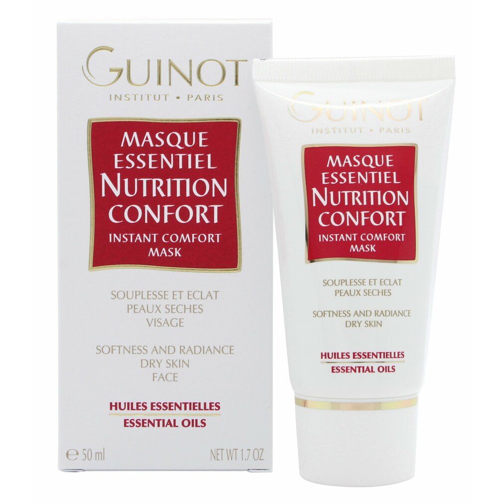 Emballage produit: tube et boîte. Texte: Guinot, Masque Essentiel Nutrition Confort, Instant Comfort Mask, Peaux sèches, 50 ml. Blanc, rouge, doré.