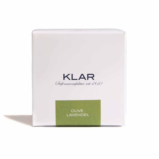 Witte verpakking met Klar-logo en label Olijf/Lavendel.