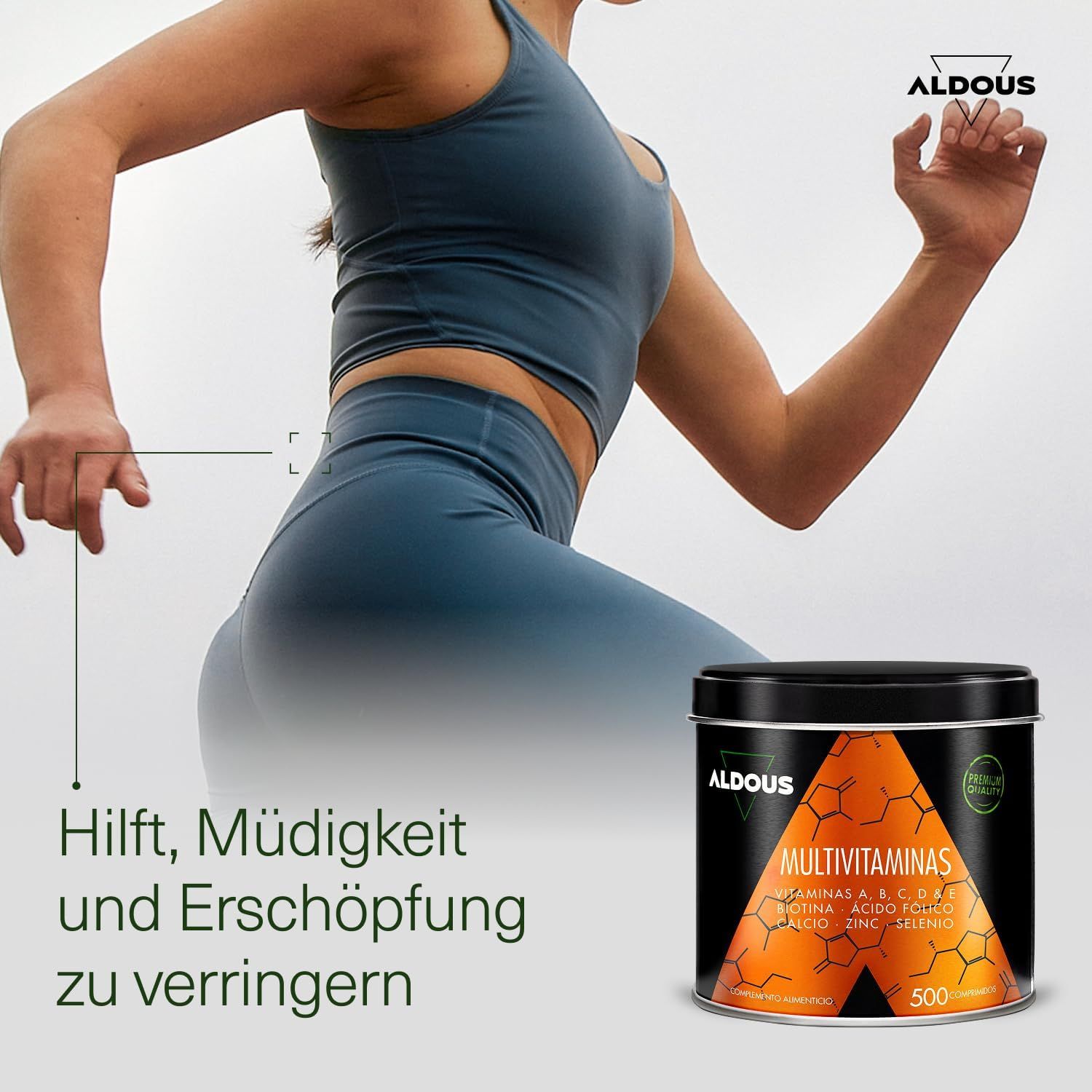 Vrouw die rent, Aldous Multivitamine bus ernaast. Tekst over vermindering van vermoeidheid en uitputting.