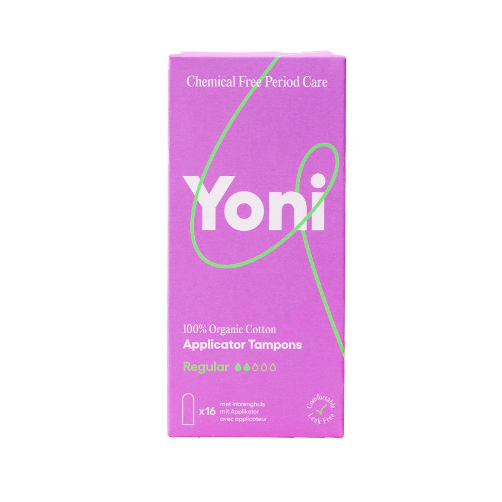 Emballage de tampons Yoni. Boîte violette avec texte et logo. 16 pièces, coton bio.