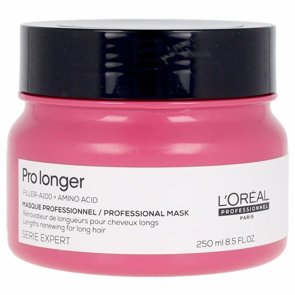 Roze pot met zwarte deksel. Opschrift: Prolonger, L'Oréal Professionnel, Masque Professionnel, Serie Expert.