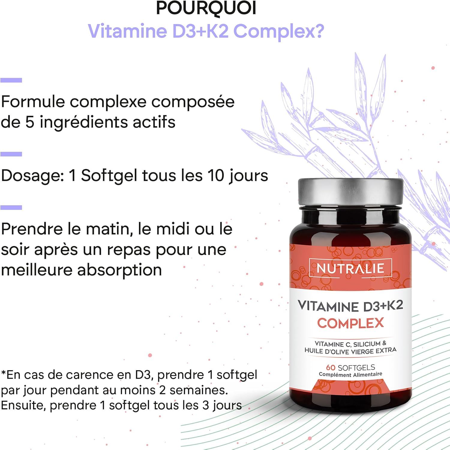 Bouteille Nutralie Vitamine D3+K2 Complex avec instructions de dosage et de prise.