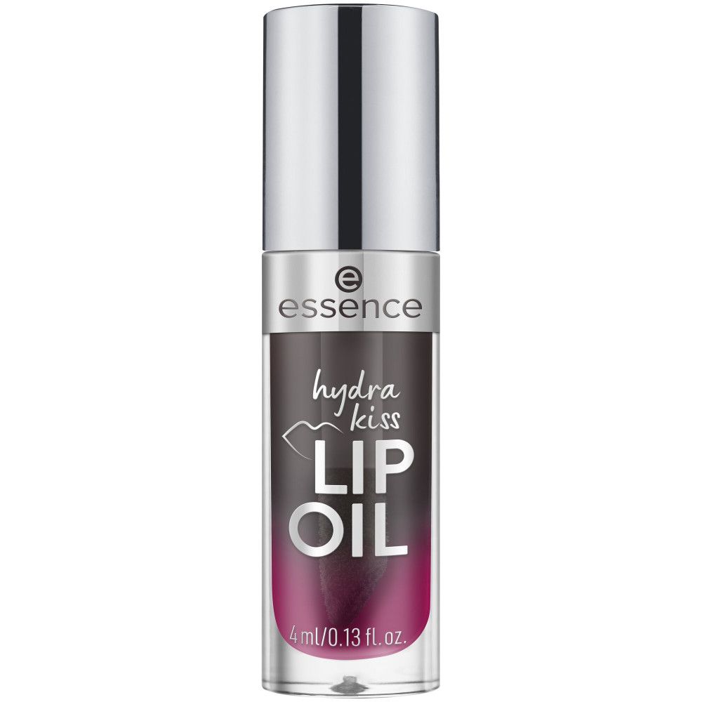 Essence Hydra Kiss Lip Oil. Zwarte verpakking met productnaam en volume.