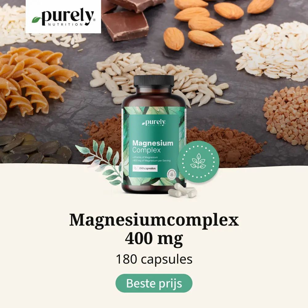 Fles met ingrediënten. Opschrift: Magnesiumcomplex 400 mg, 180 capsules. Beste prijs.