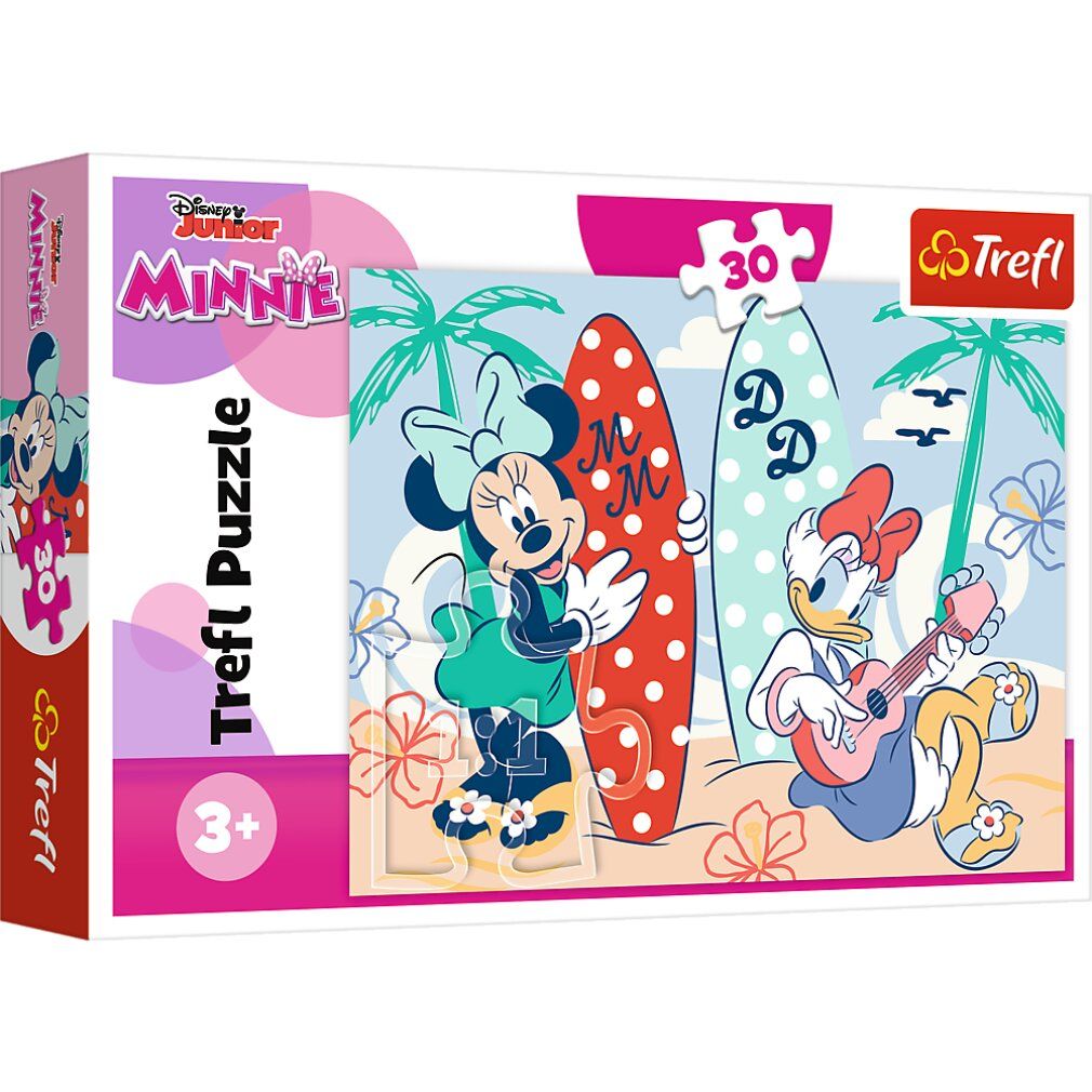 Puzzle Trefl Minnie, 30 pièces. Emballage avec Minnie et Daisy à la plage. Logo Disney Junior.