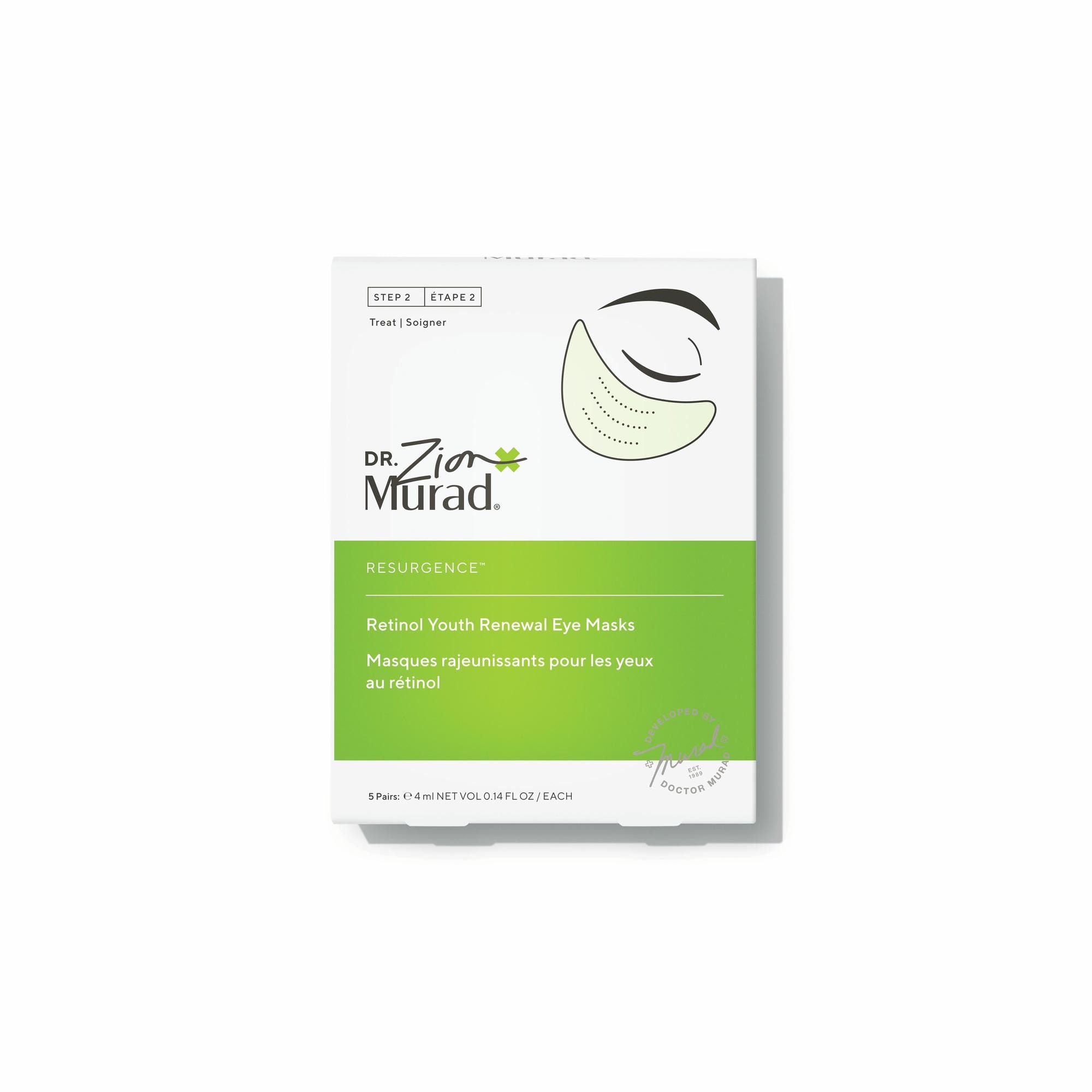 Boîte de masques pour les yeux. Marque Murad, texte Retinol Youth Renewal. Emballage vert et blanc.