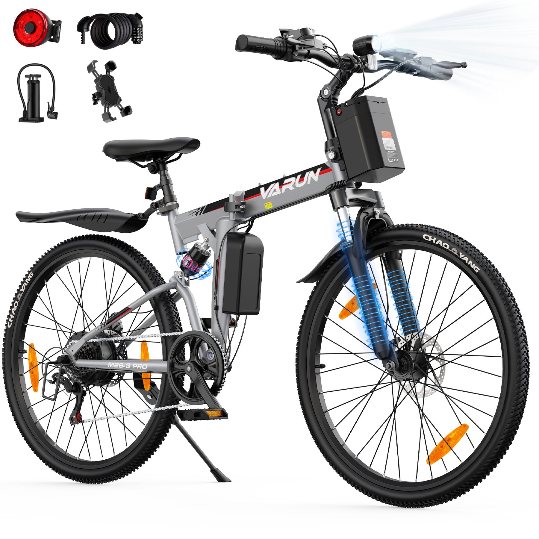 Opvouwbare e-bike, zilverkleurig, met zwart frame en banden. Accessoires: achterlicht, pomp, telefoonhouder.