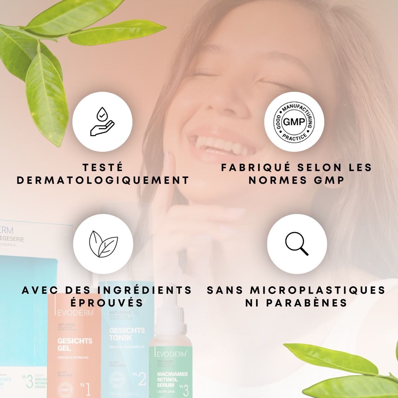 Drie producten: gel, toner en serum. Vrouw op de achtergrond. Tekst: Anti-acne verzorgingslijn. Dermatologisch getest.