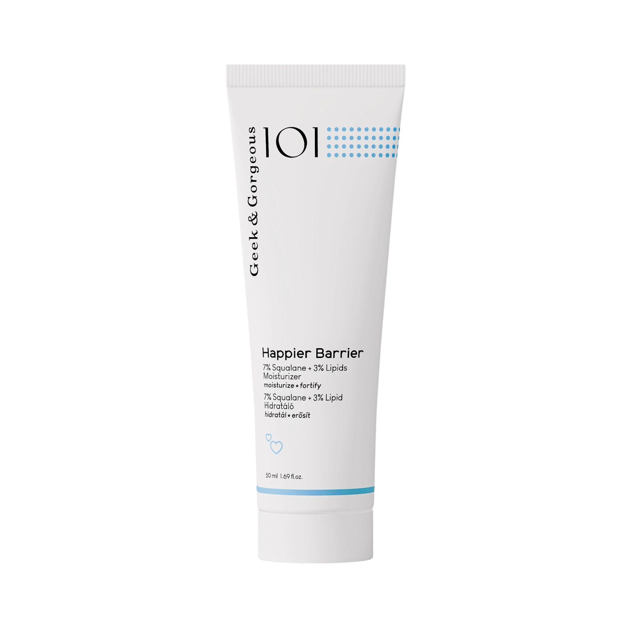 Witte tube met blauw accent. Opschrift: Geek & Gorgeous Happier Barrier. Productinformatie.