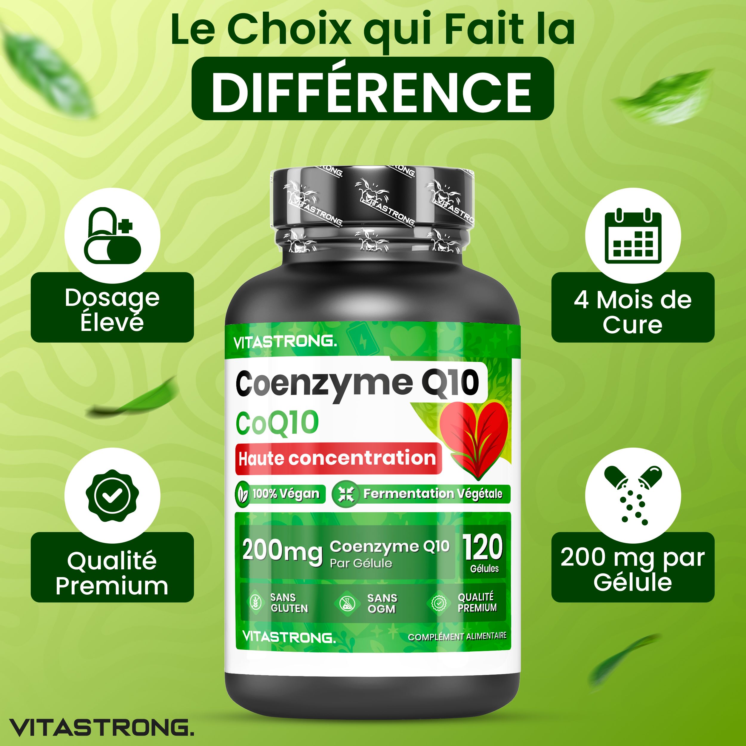 Zwarte fles met groene tekst. Co-enzym Q10, 200mg, 120 capsules. Voordelen: welzijn, energie, antioxidant.