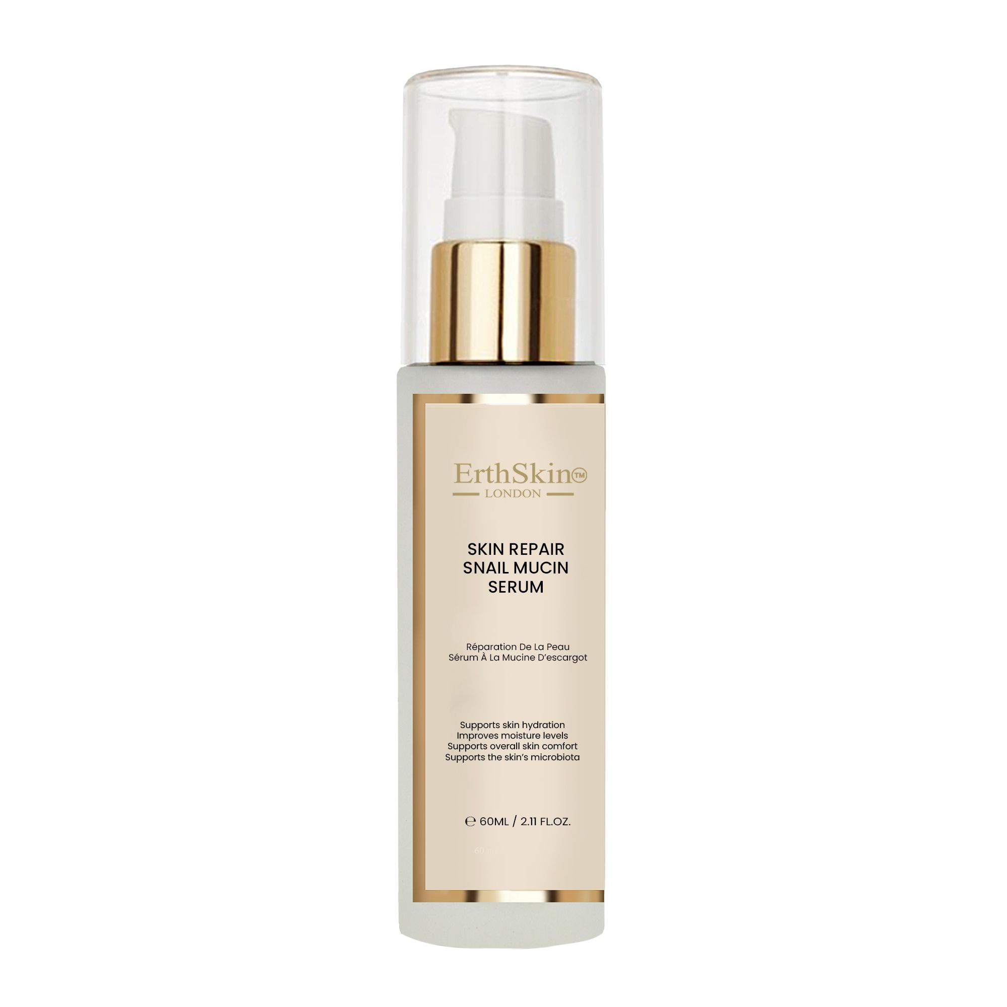 Fles met pompdos voor huidherstellend slakken slijm serum. Gouden en witte etiketten met productinformatie.