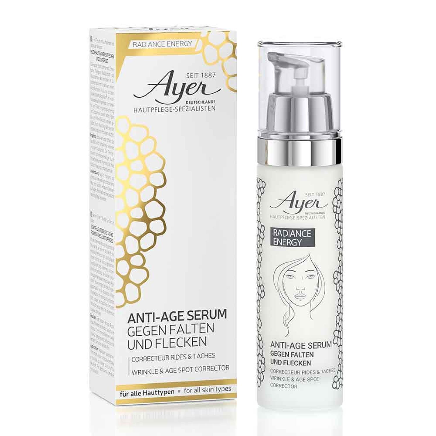 Ayer anti-age serum met pompflacon en verpakking. Tekst: Radiance Energy, tegen rimpels en vlekken.