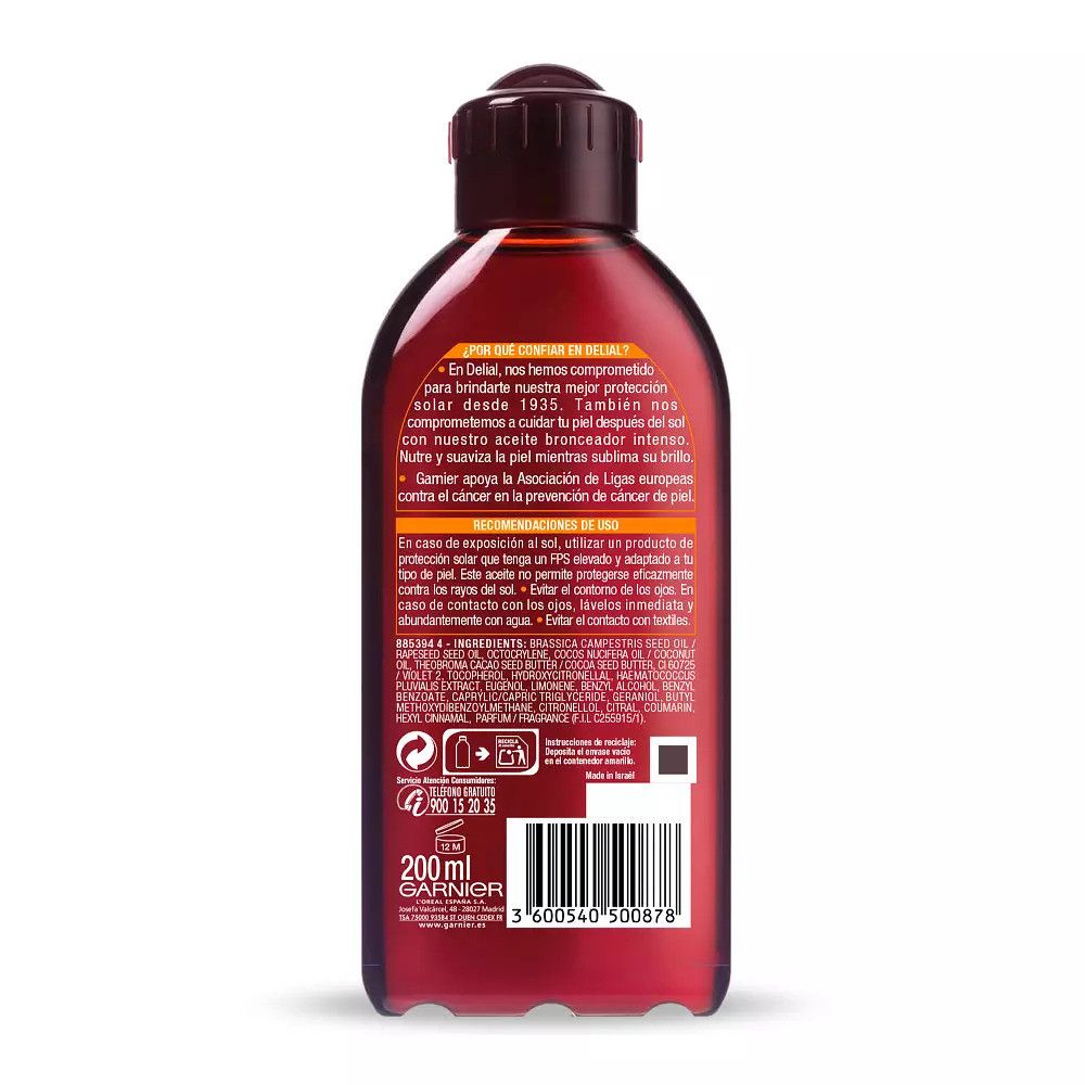 Arrière d'une bouteille d'huile bronzante Garnier Delial Ambre Solaire Ideal Bronze avec informations produit et indication 200ml.