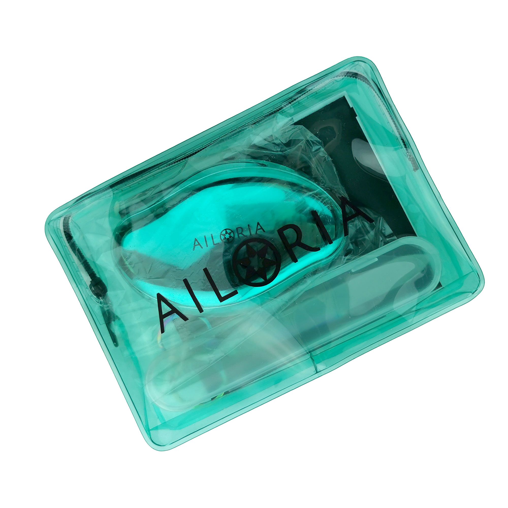 Emballage du produit. Étui turquoise et accessoires dans un emballage transparent. Logo AILORIA visible.