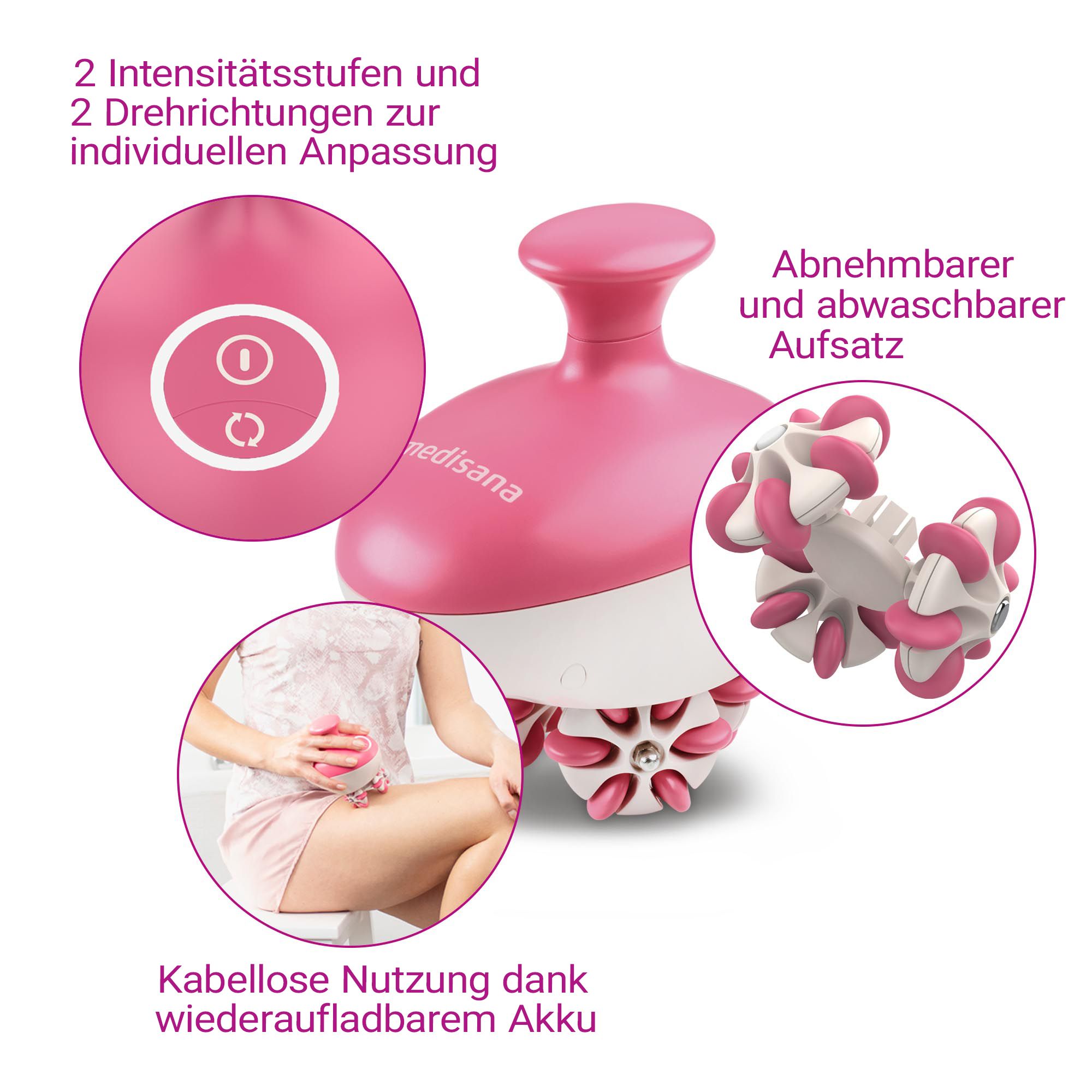 Roze massageapparaat met afneembare opzetstuk en bedieningselementen.
