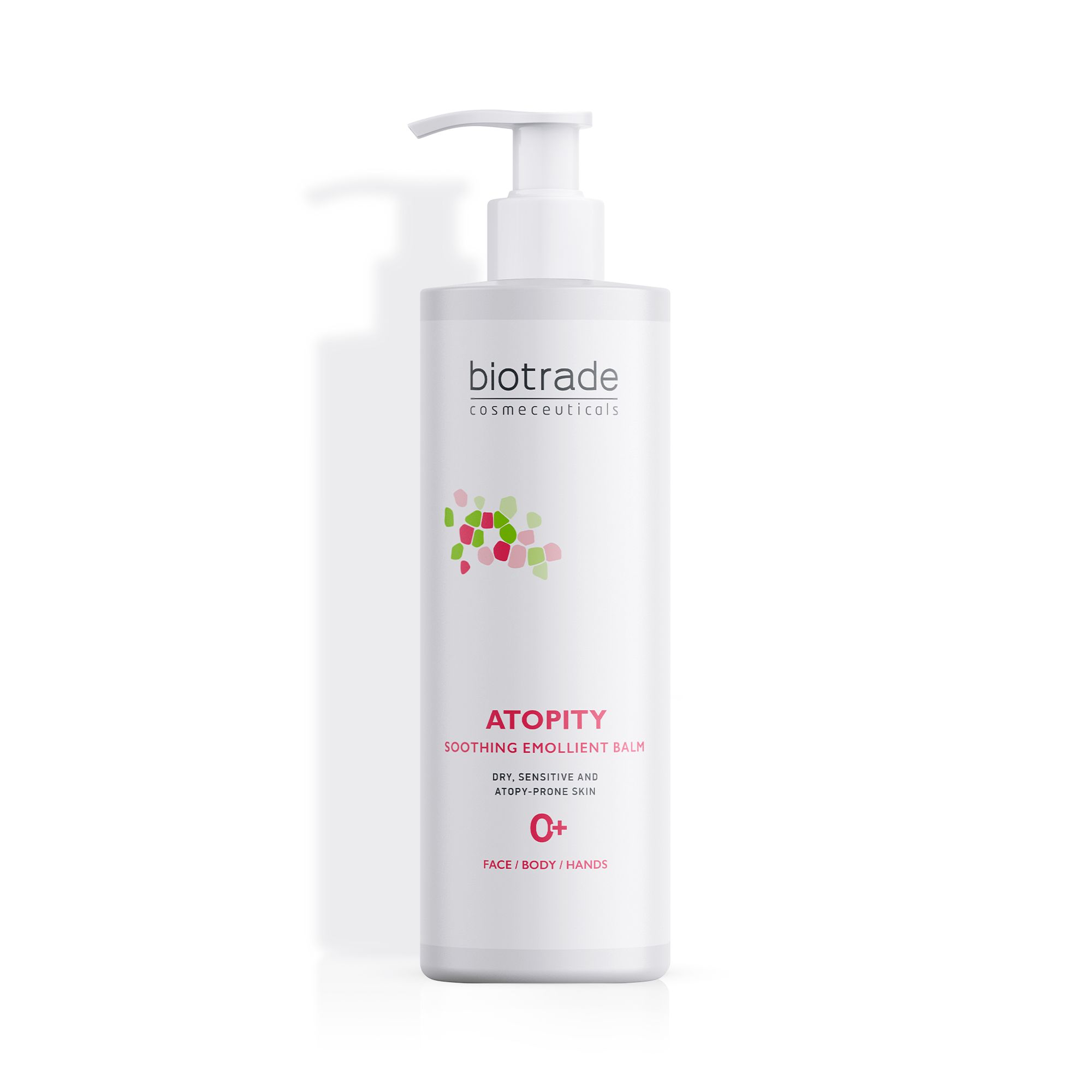 Biotrade Atopity baume corporel apaisant dans un flacon pompe blanc. Pour peau sèche et sensible.