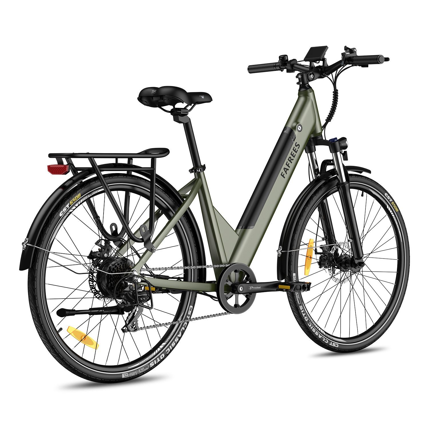 Vélo électrique vert avec porte-bagages, garde-boue et inscription FAFREES. Pneus et selle noirs.