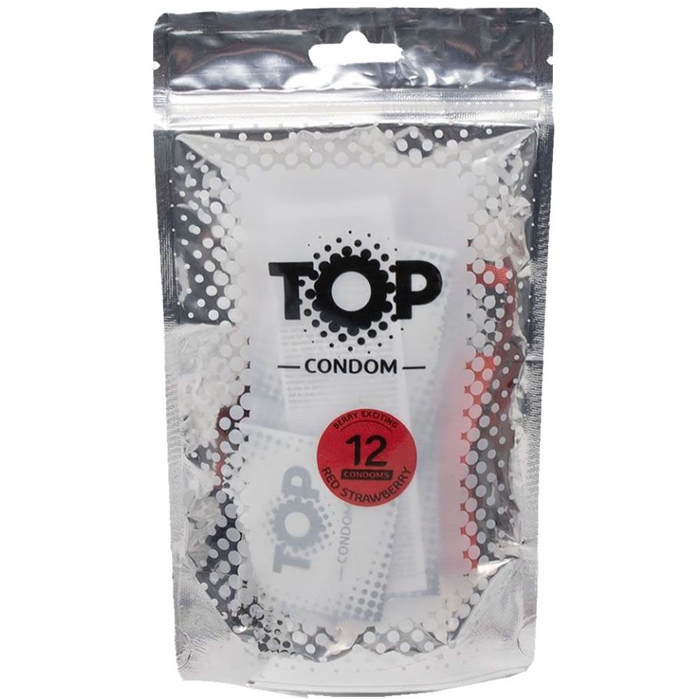Paquet de préservatifs TOP CONDOM. Autocollant rouge avec "12" et "Red Strawberry". Emballage transparent.