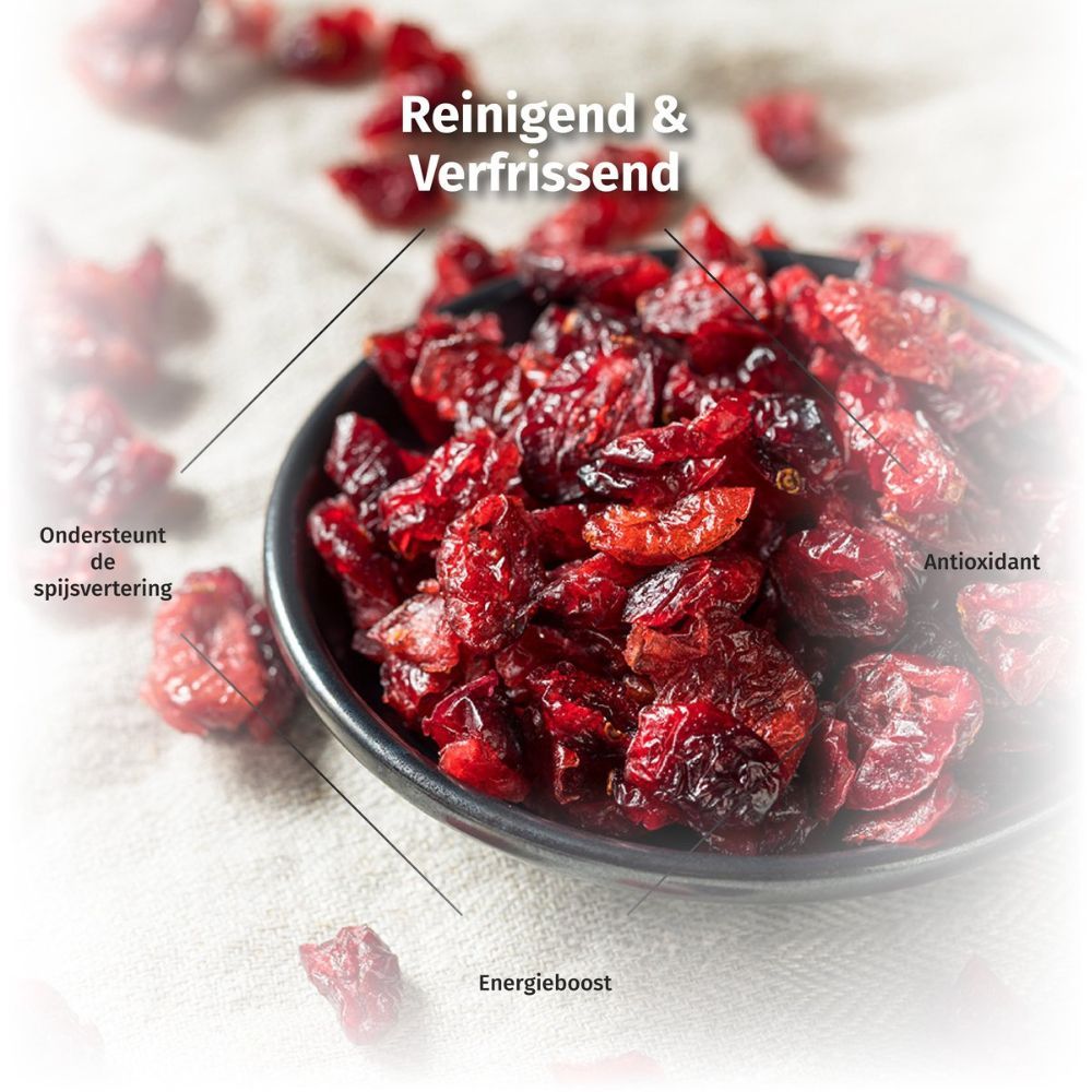 Gedroogde cranberries in kom. Tekst: 'Reinigen & Verfrissend', 'Antioxidant', 'Energieboost'.
