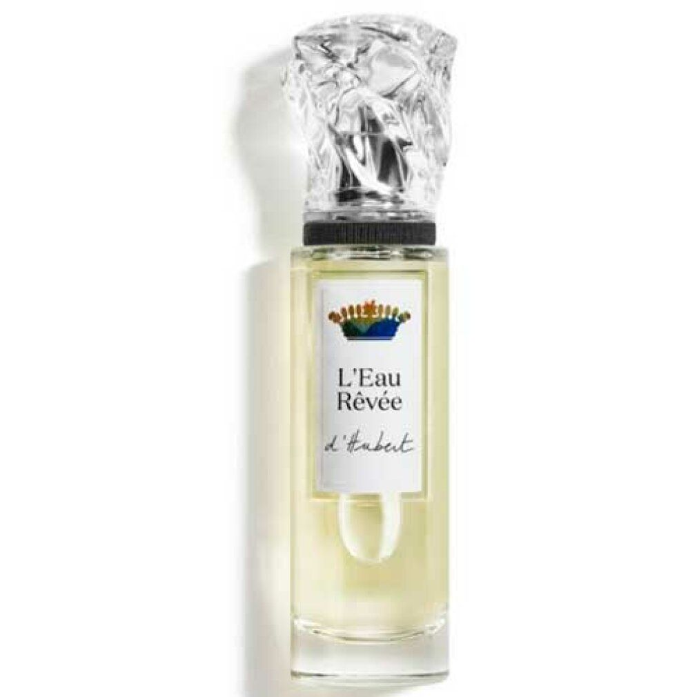 Glazen fles met transparante inhoud. Opschrift: L'Eau Rêvée d'Hubert. Sluiting: kristalvormig.