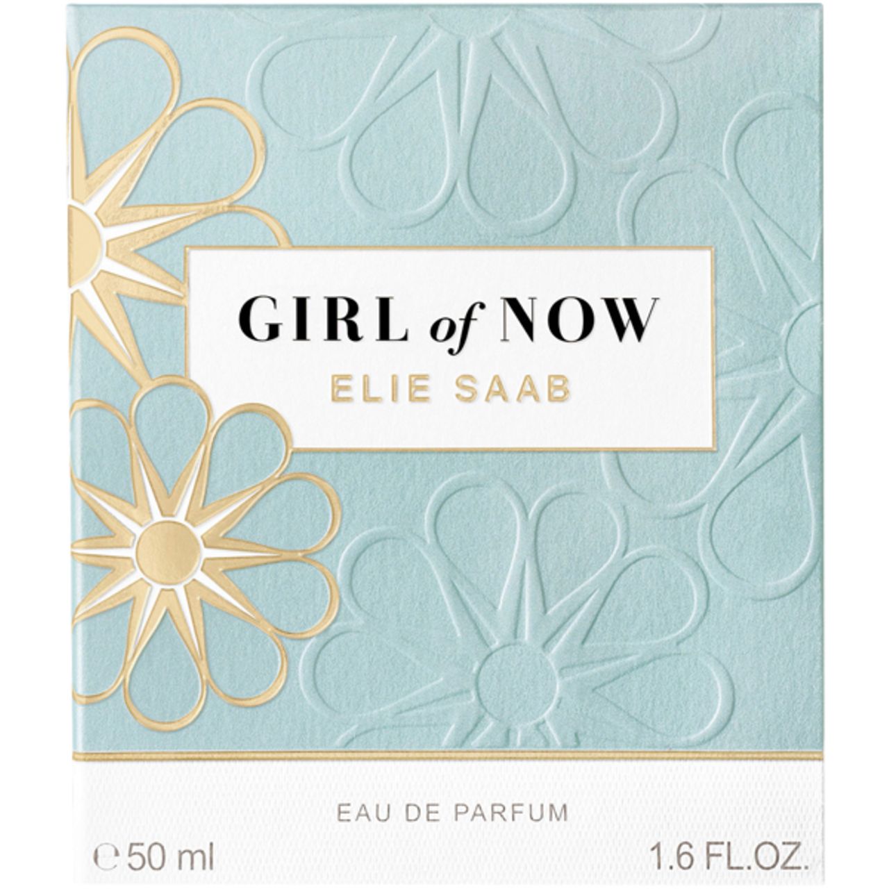 Flacon de parfum et boîte. Inscription : GIRL of NOW, ELIE SAAB. Boîte avec motif floral et texte.