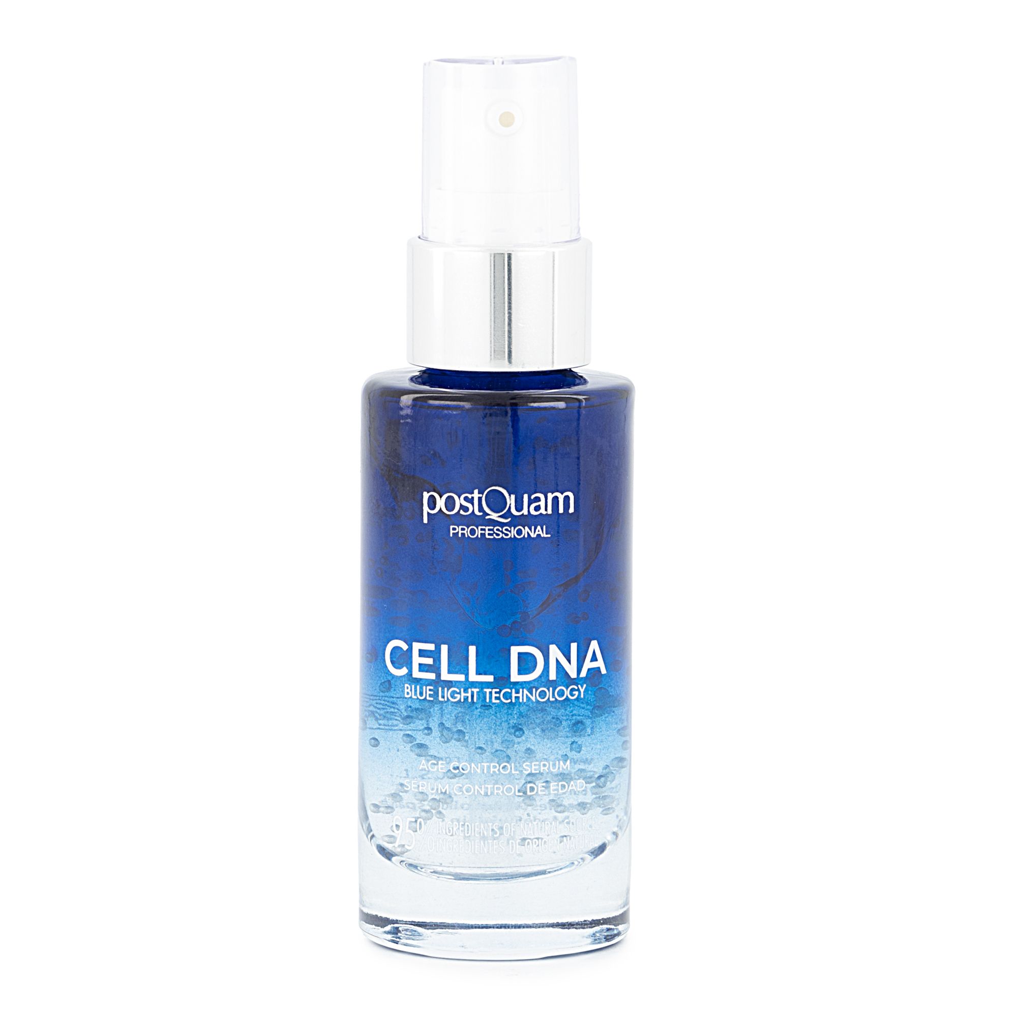 Blauwe serumfles met verstuiver. Opschrift CELL DNA, Postquam Professional. Blauwe kleurovergang.