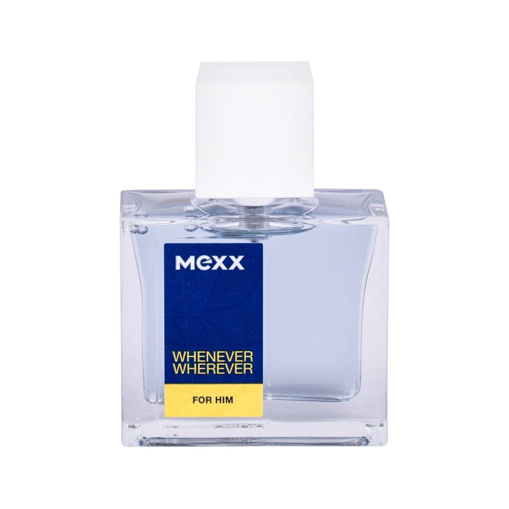 Flacon en verre avec bouchon blanc. Étiquette avec MEXX, Whenever Wherever, For Him. Forme rectangulaire.