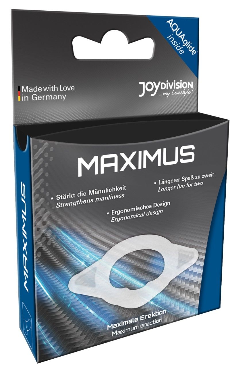 MAXIMUS verpakking geopend. Witte penisring in doos. Opschrift MAXIMUS, AquaGlide, Made in Germany. Ergonomisch ontwerp.