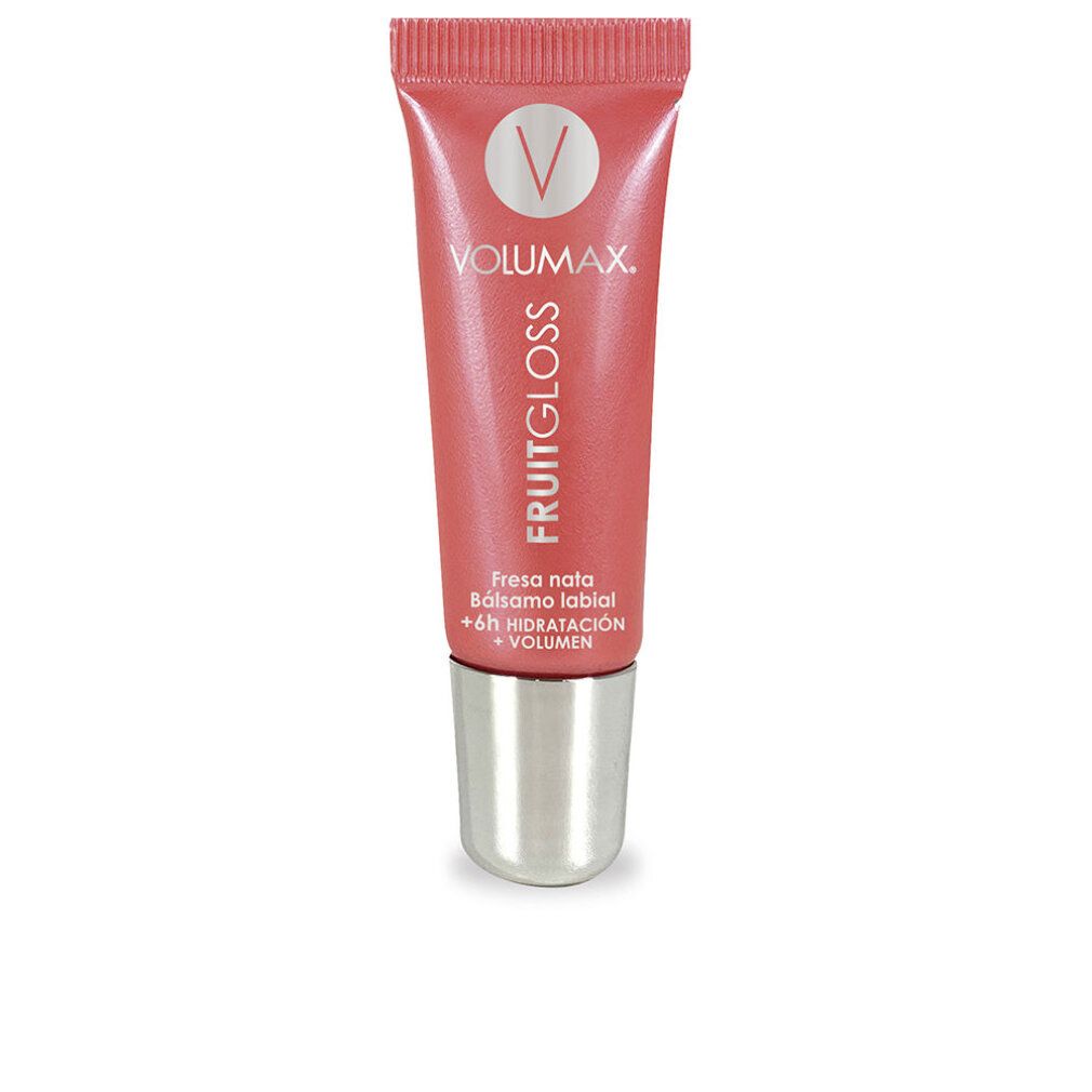 Tube rose avec bouchon argenté. VOLUMAX FRUITGLOSS, dessous FRESA NATA, Balsamo labial et + Volumen. Logo V en haut.