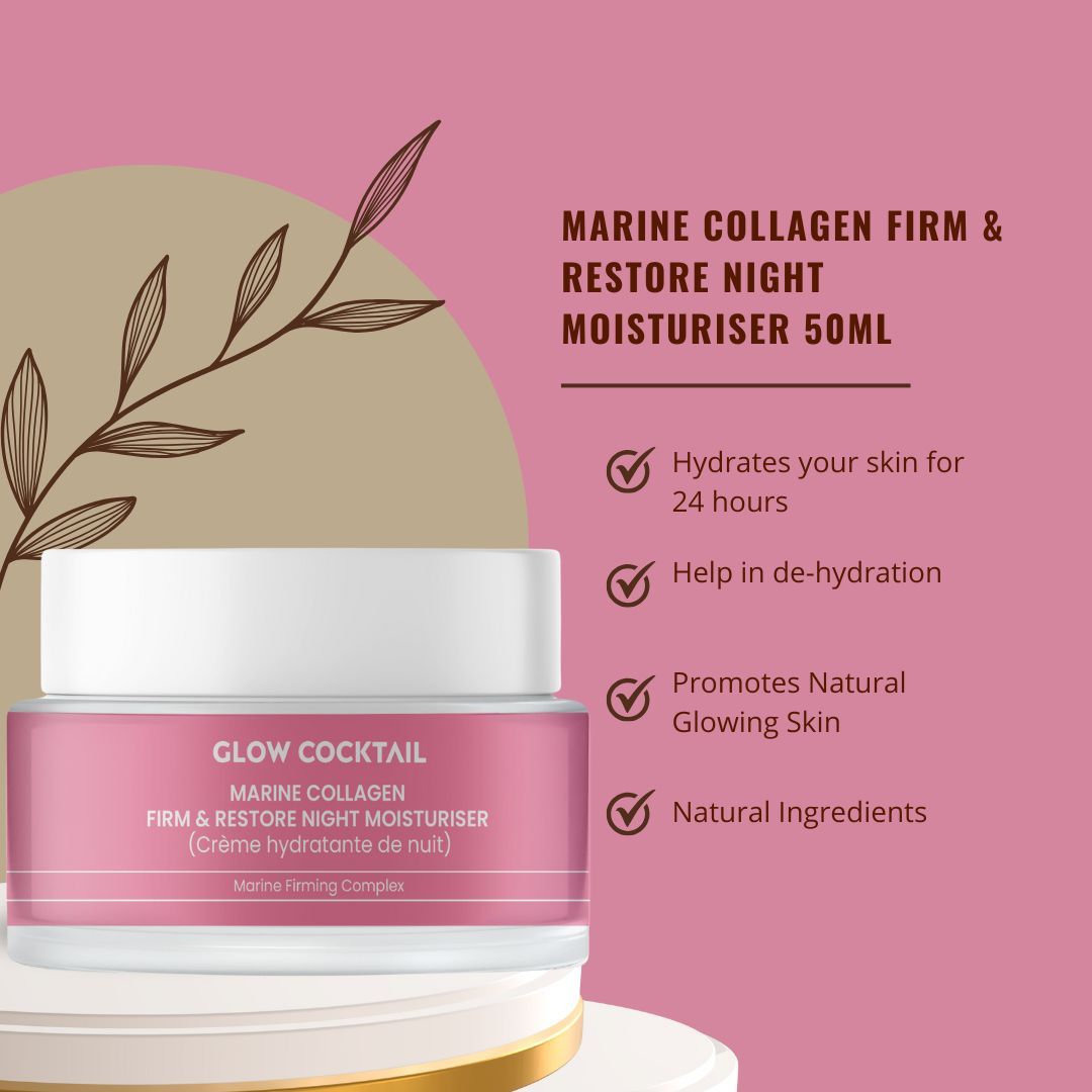 Crèmepot met roze etiket. Tekst: Glow Cocktail, Marine Collagen, Firm & Restore Night Moisturiser. Witte deksel. Achtergrond met tekst en tak.