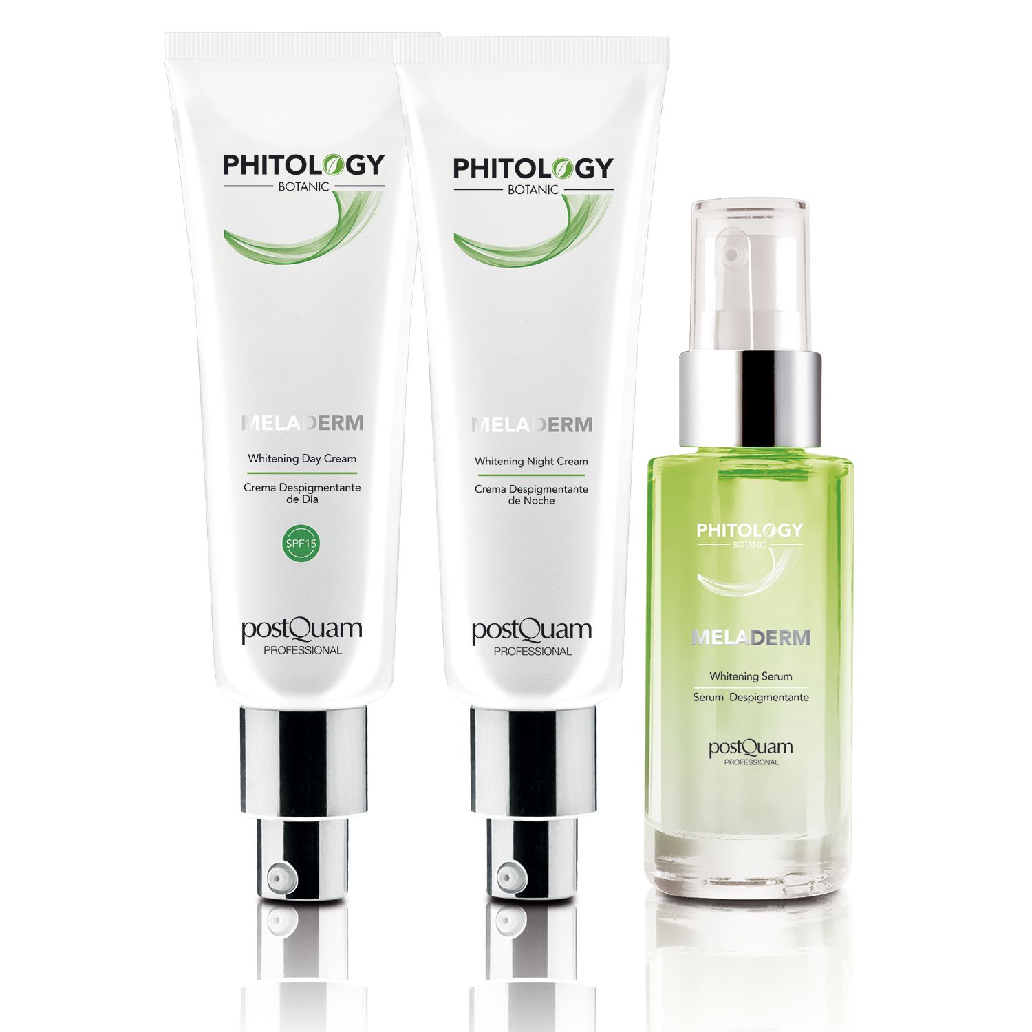 Trois produits: deux tubes blancs et une bouteille verte. Texte: PHITOLOGY BOTANIC, MELADERM. Fermetures argentées.