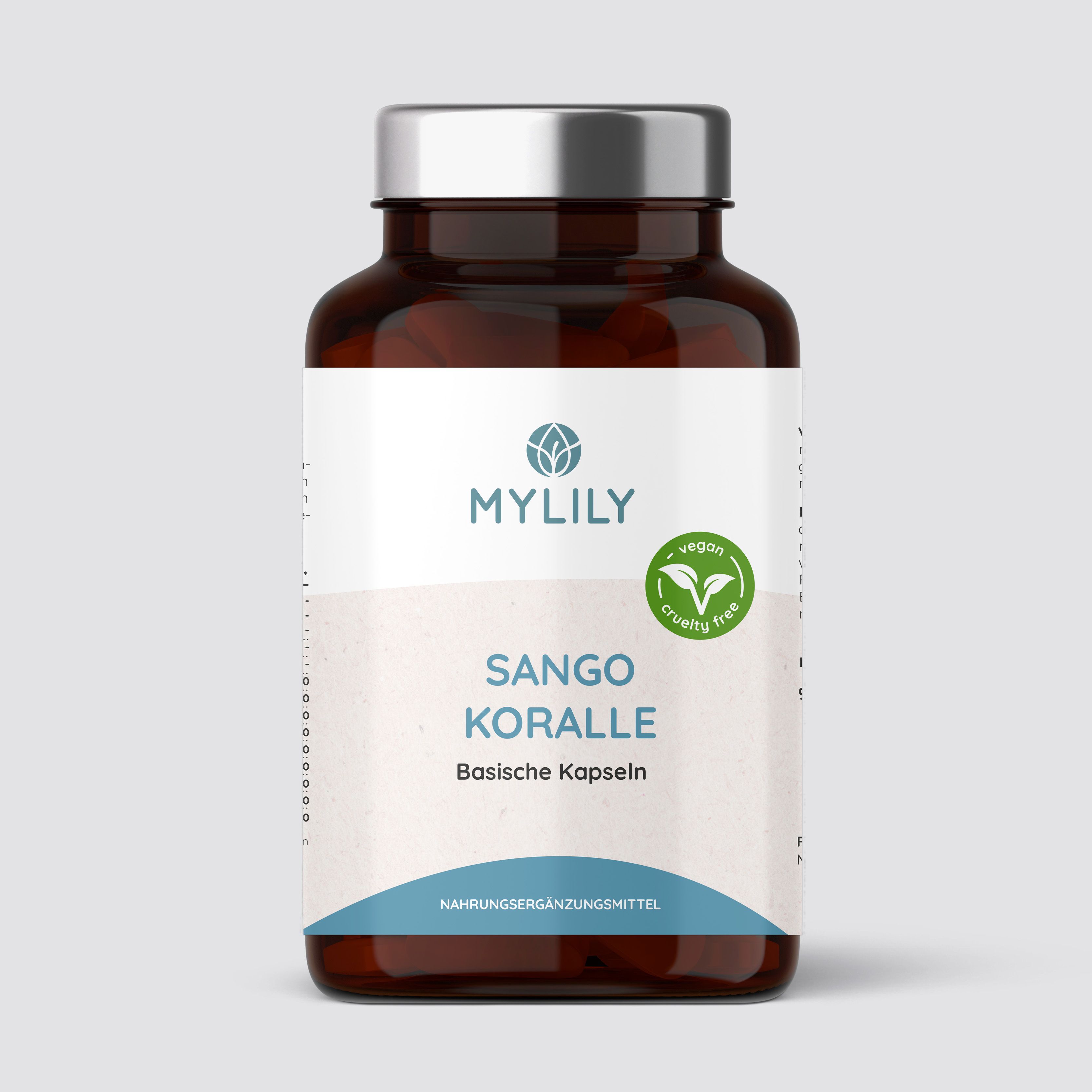 Bruine fles met wit etiket. MYLILY, Sango Koralle, Basische capsules. Veganistisch en dierproefvrij zegel.