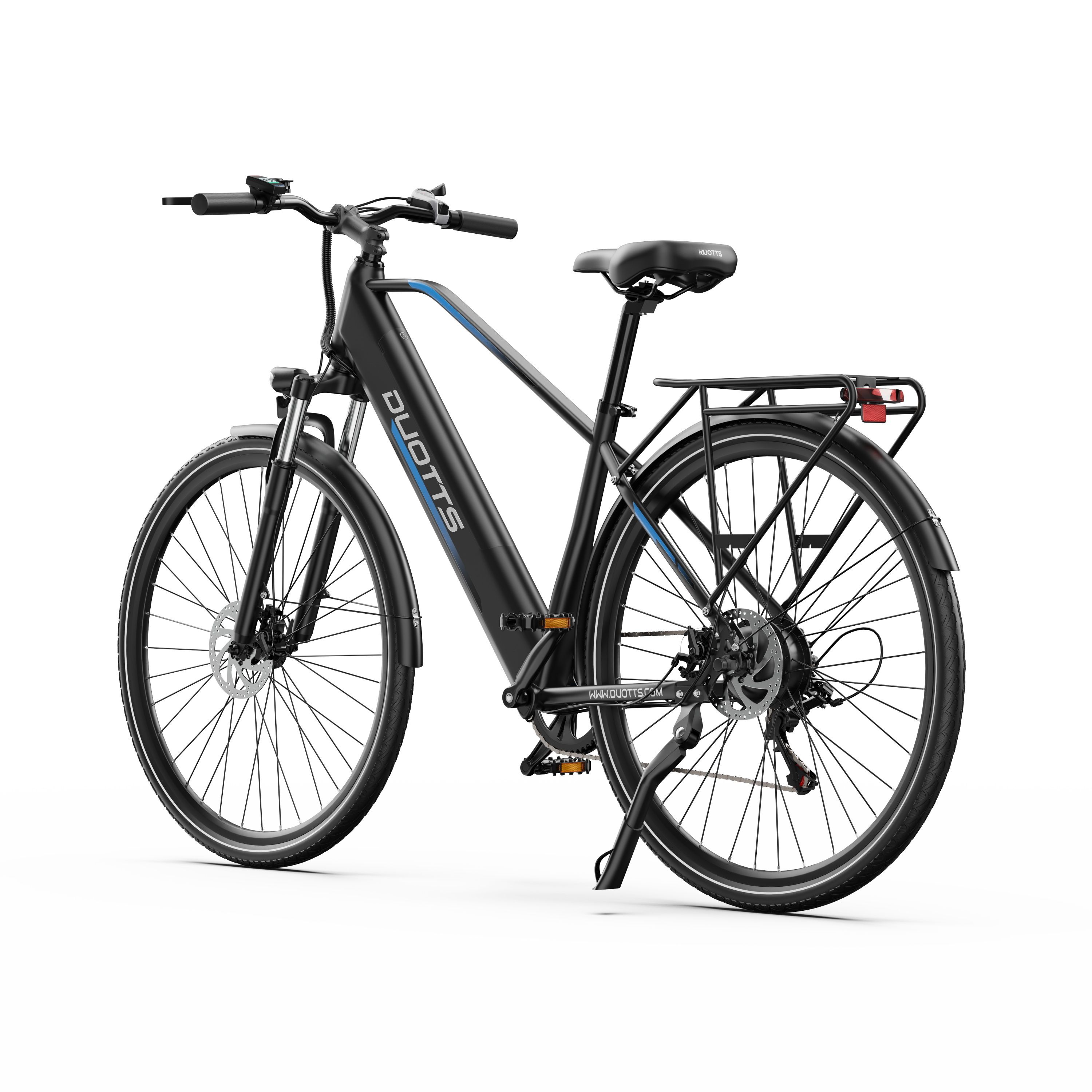 Vélo électrique DUOTTS C29Lite noir. Porte-bagages, feu arrière, freins à disque. Détails bleus. Vue oblique.