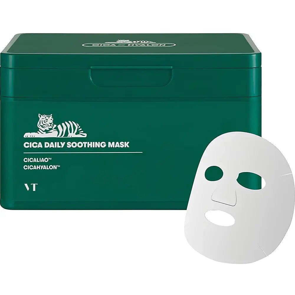 Groene doos 'Cica Daily Soothing Mask' en gezichtsmasker ernaast. Tekst: CICALIAO, CICAHYALON. VT-logo.