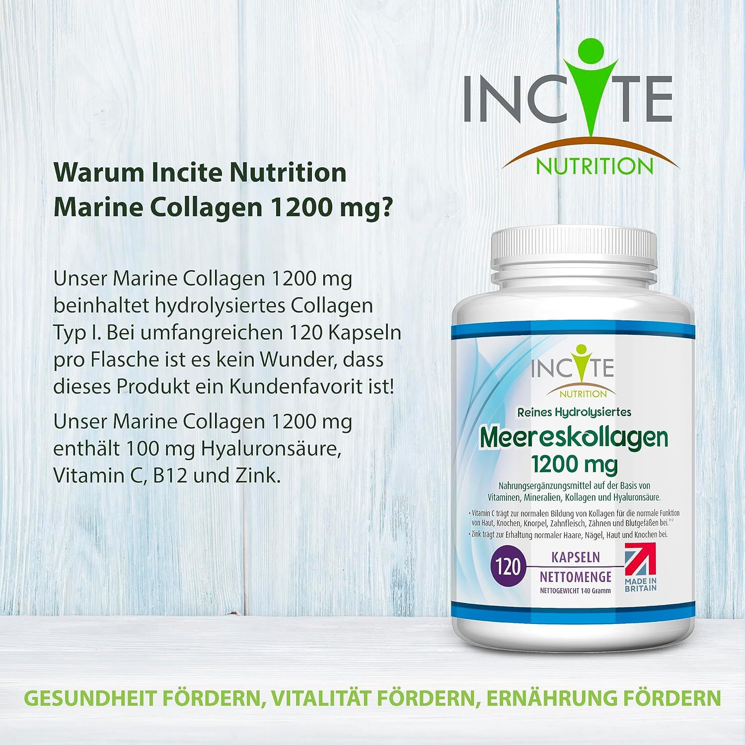 Fles "Meereskollagen 1200 mg" naast tekst. Bevat gehydrolyseerd collageen type I, 120 capsules.