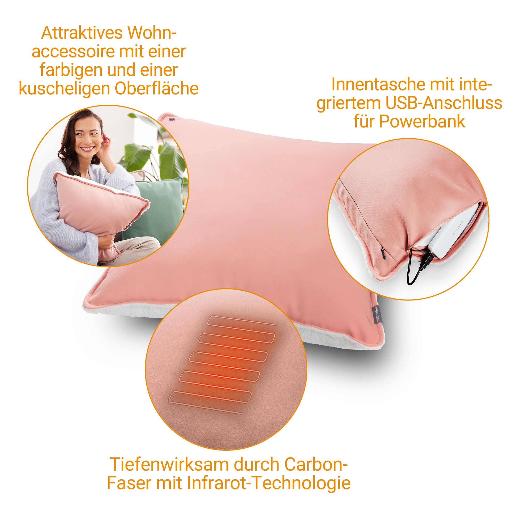 Coussin chauffant rose avec port USB, fibres de carbone et technologie infrarouge.