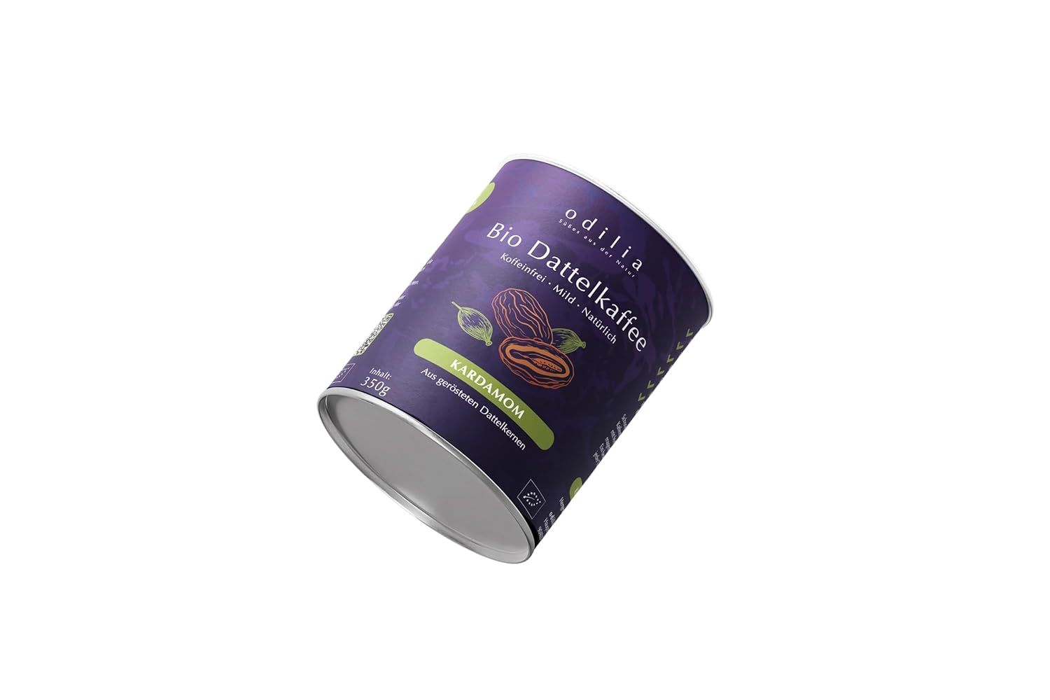 Blikje Odilia biologische dadelkoffie met kardemom, 350g.