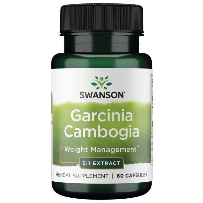 Flacon vert de gélules. Inscription: SWANSON Garcinia Cambogia, extrait 5:1, 60 capsules.