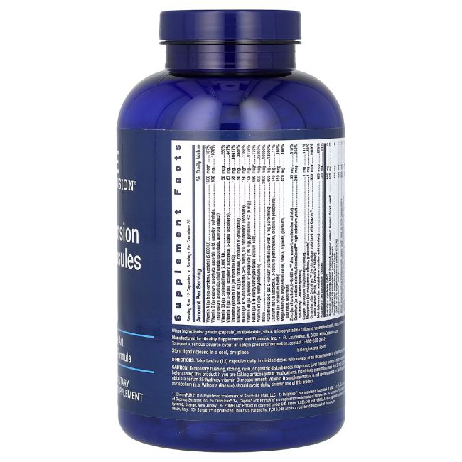 Flacon bleu de gélules blanches. Étiquette avec informations nutritionnelles et ingrédients. Texte: Life Extension, supplément.