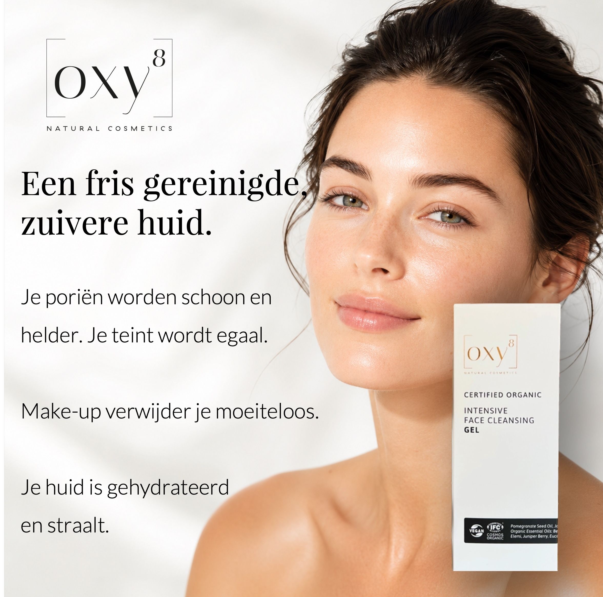 Vrouw met gezicht, tekst: Een fris gereinigde, zuivere huid.